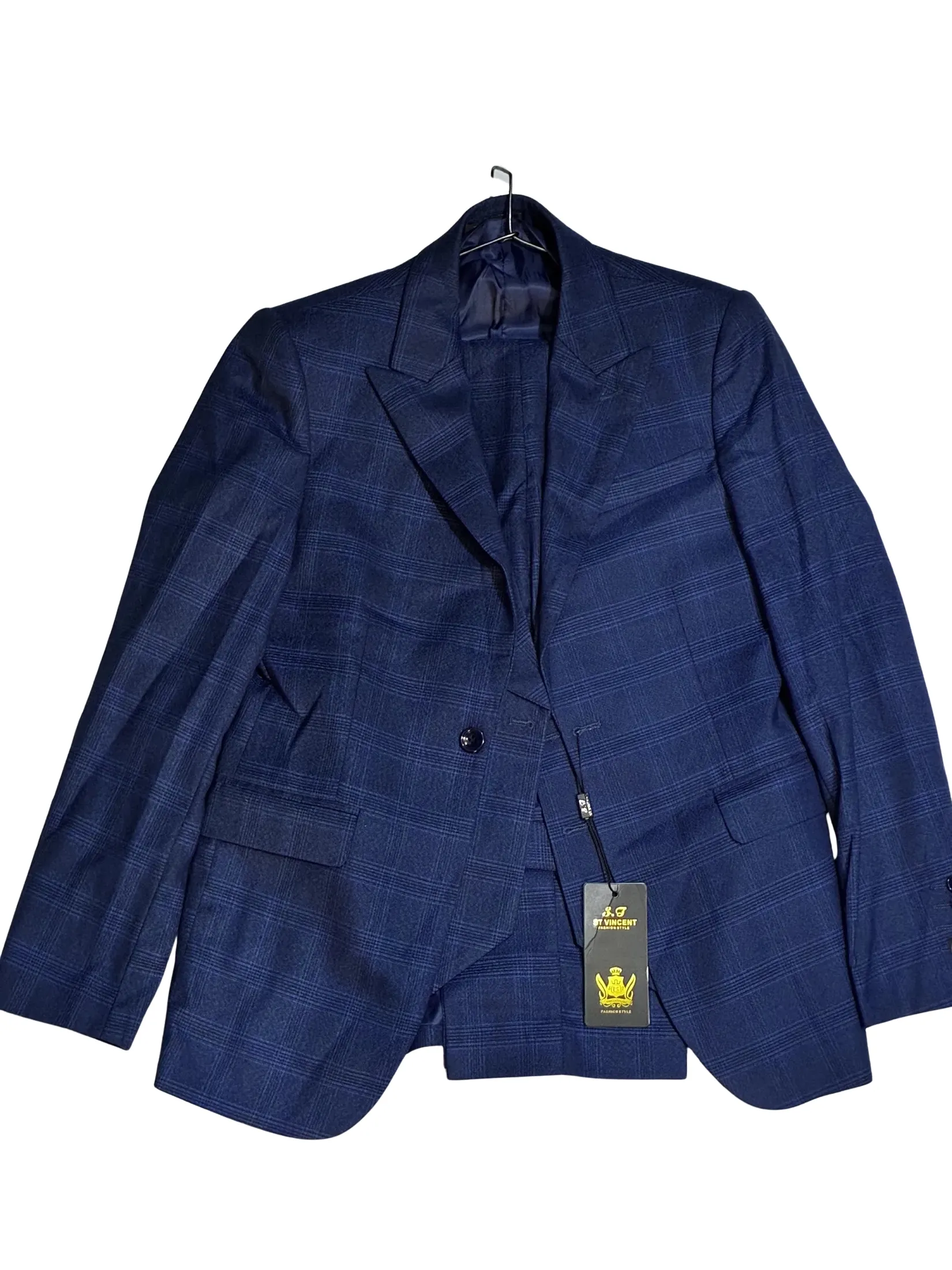 Navy Blue Plaid Three Piece